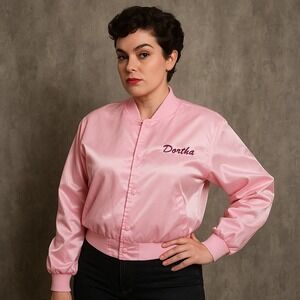 Vintage 80s‎ Satins Pink Satin Bomber Jacket Size M Dorhta Embroidered Name USA
